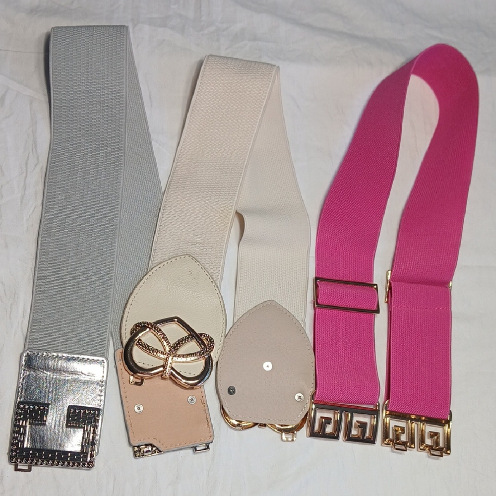 Elegant Women's Belt Trio - Silver, Cream, Pink